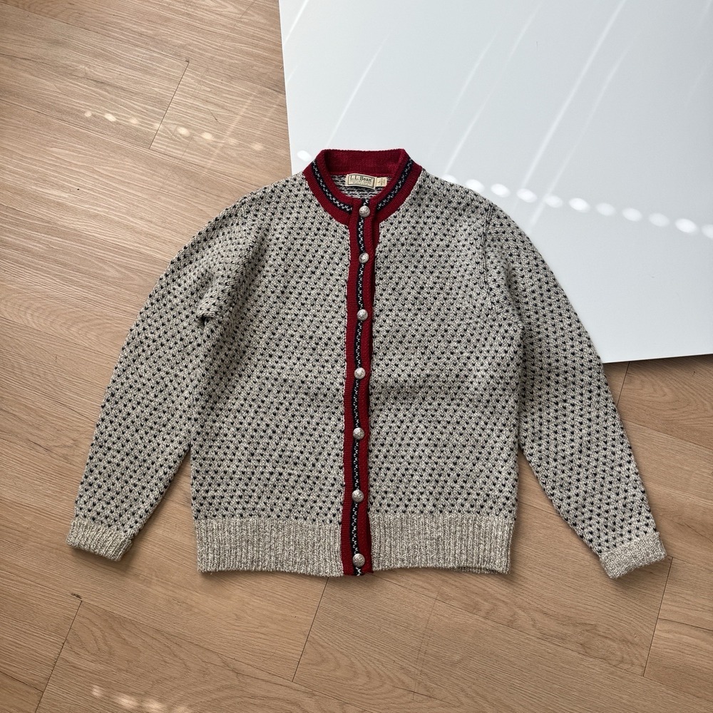 LL Bean Vintage Birds Eye Wool‎ Cardigan Sweater Red Trim Silver Buttons Large